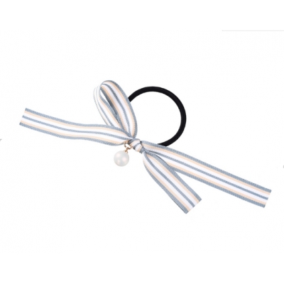 New Stripe Ribbon Bow Knot Scrunchy Hair Tie Cute Girls Pearl Pendant Ponytail Holder Elastic Hair Bands